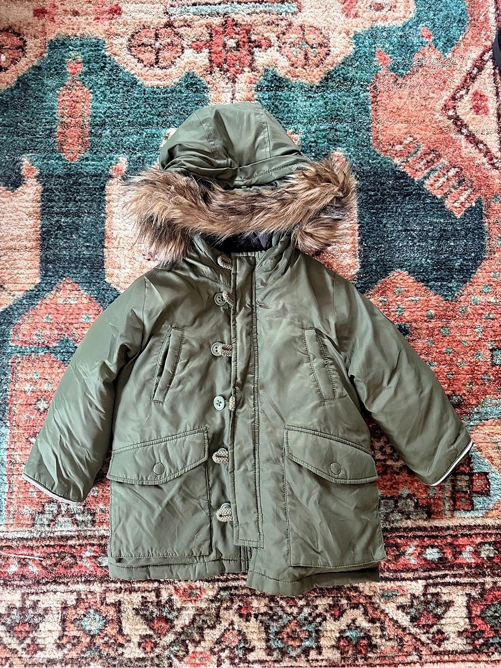 Baby Gap Hooded Puffer Jacket Green & Brown Baby 3-6M